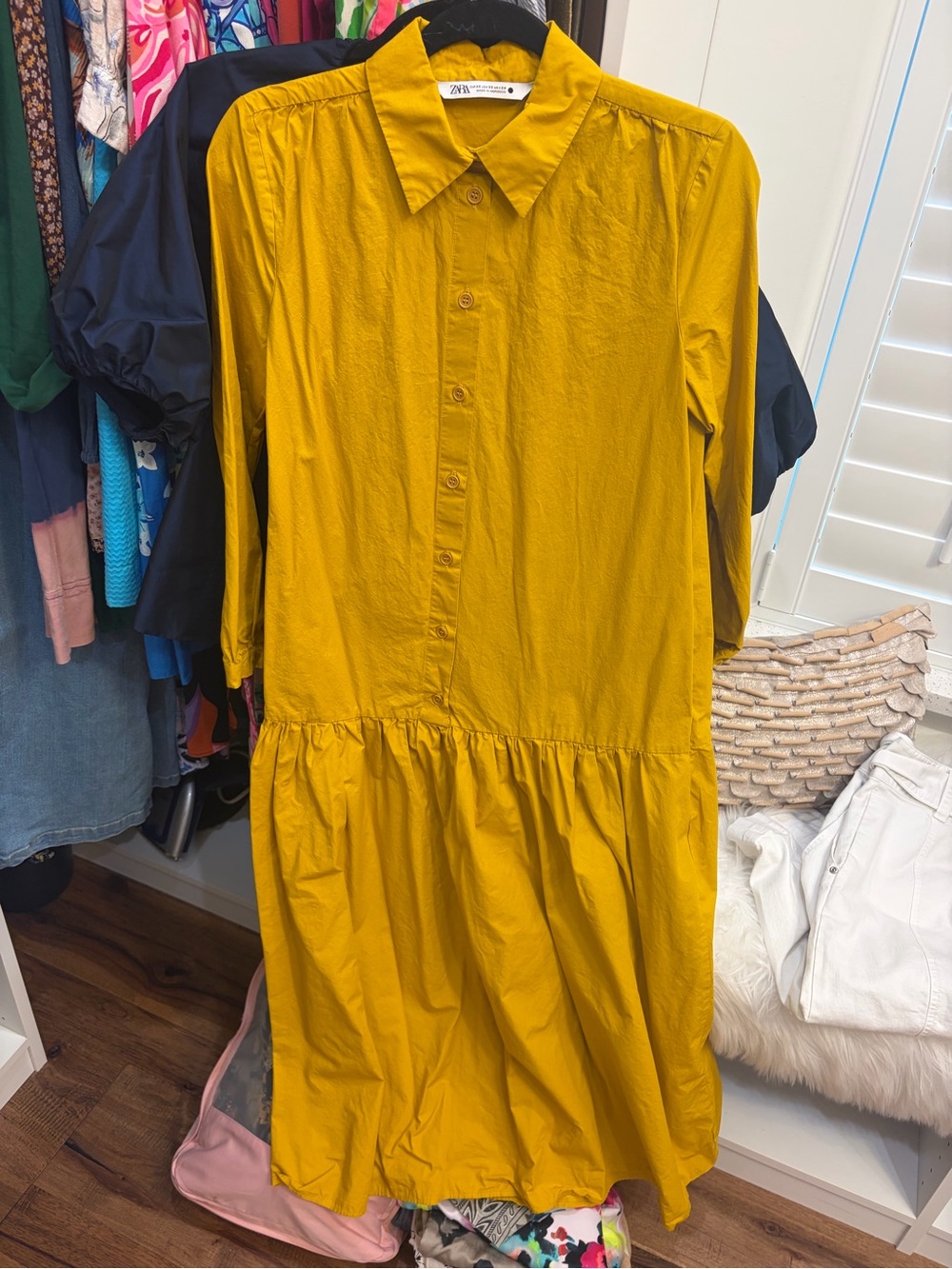 Zara Mustard Yellow Long-Sleeve Tiered Shirt Dress